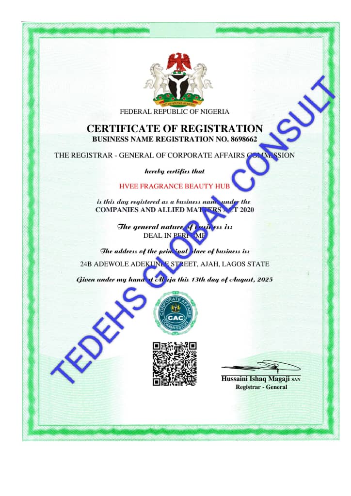 Sample Tax Identification Number (TIN) document for Nigerian business - sample of business registration work